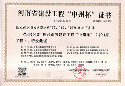 恒大绿洲项目A10地块17#、18#、19#楼及地下车库荣获“2018年度河南省建设开云网页版登录入口-开云中国
中州杯（省优质开云网页版登录入口-开云中国
）”